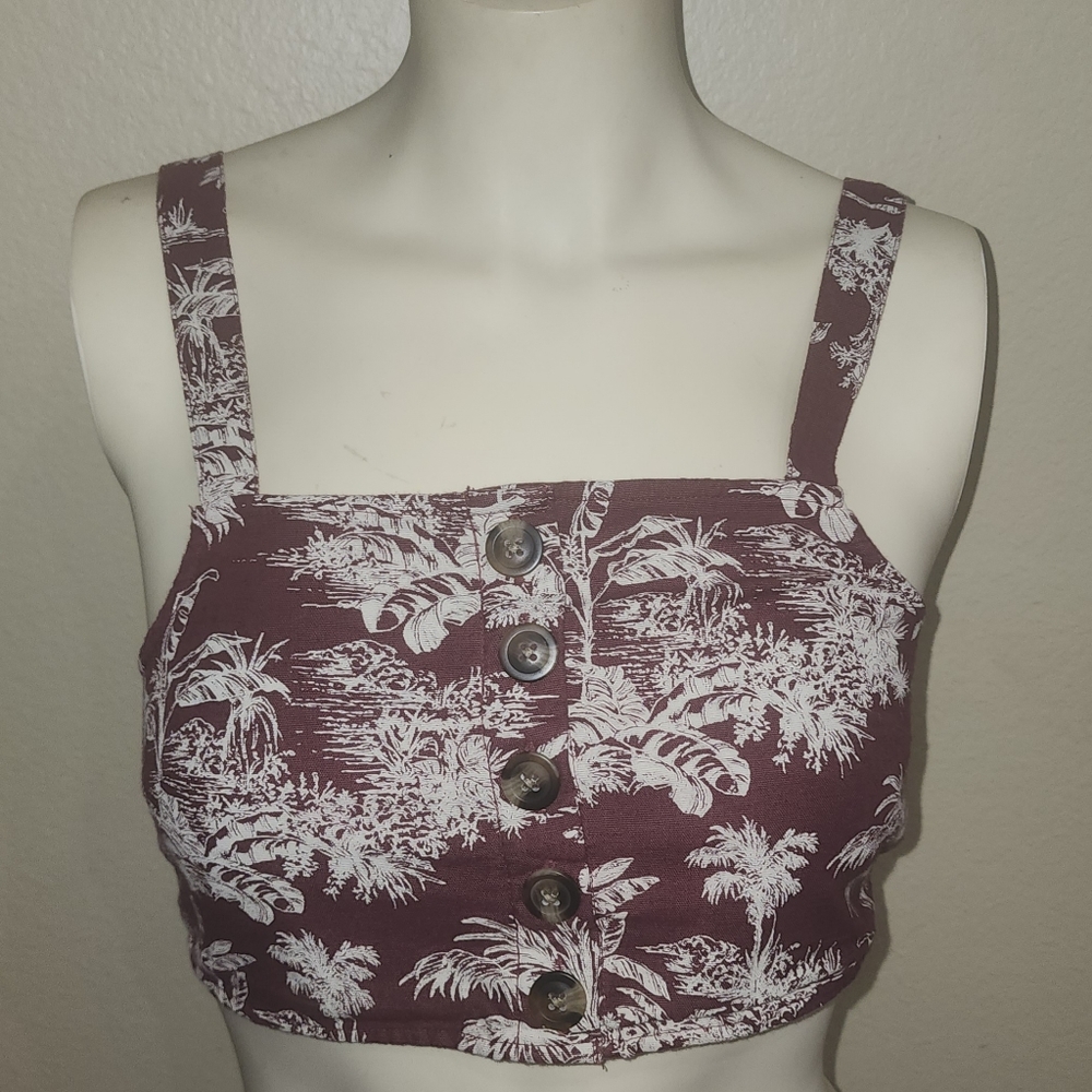 AMERICAN EAGLE Sz XS Button Front Crop Tank Top - Red w/White Palm Trees